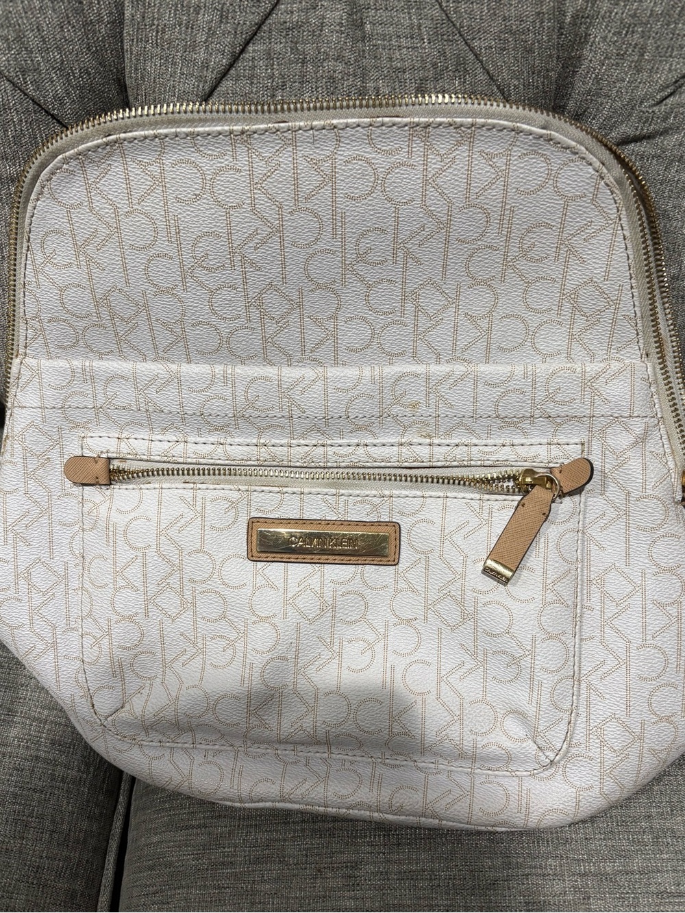 Calvin Klein Cream Monogram Backpack with Gold Accents
